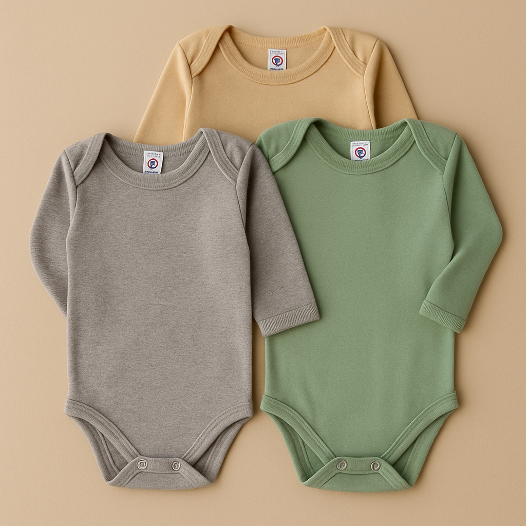 Kit 3 Bodies Manga Longa Bebê – Verde, Bege e Cinza